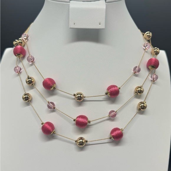 Lane Bryant Gold Crystal and Pink Bead Stations Multi -chain Necklace - Picture 2 of 4
